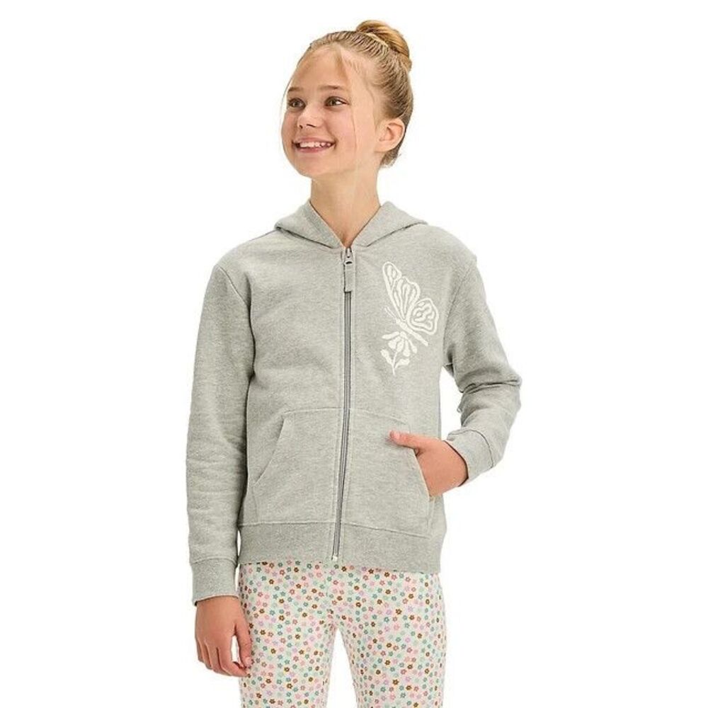 Cat & Jack Girls XL Butterfly Zip-Up Fleece Hoodie Gray Long Sleeve Pocket